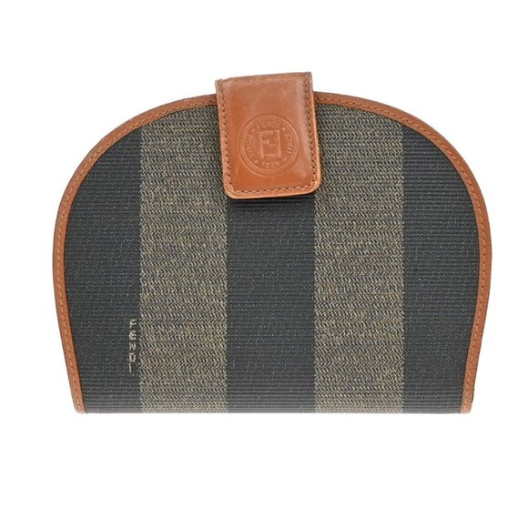 FENDI Logo Pequin Pattern Bifold Comapct Wallet PVC Leather Brown Italy 07EF666 - Picture 1 of 16